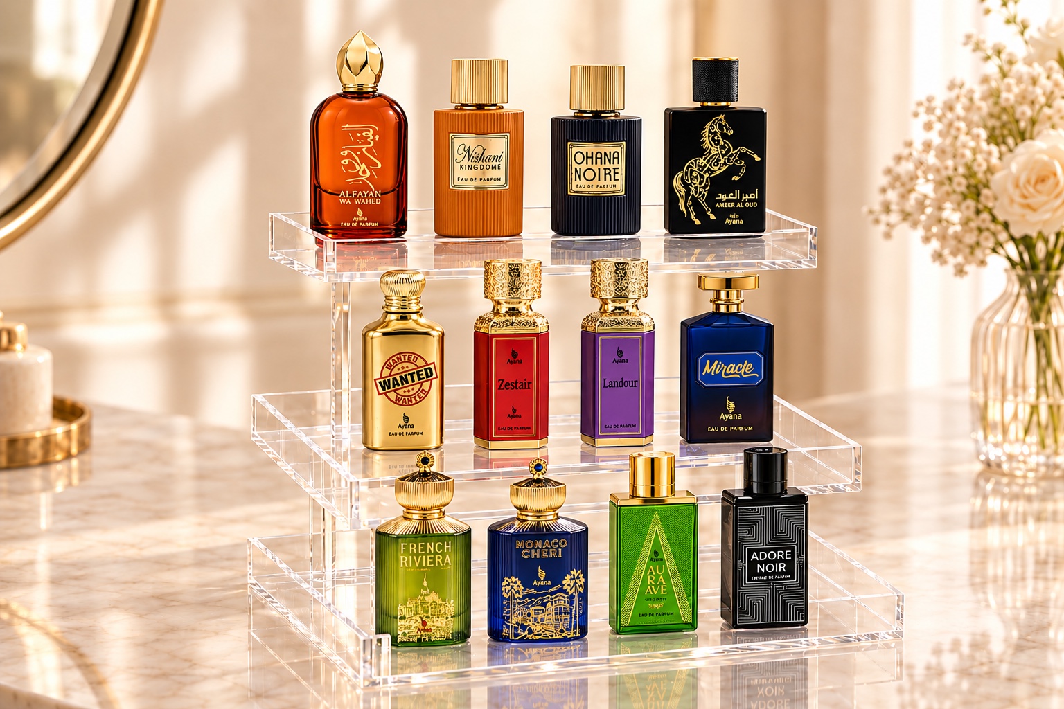 Ayana Perfumes collection arranged on a clear three-tier display in a warm luxury interior